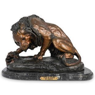 After Antoine-Louis Barye (France 1795-1875) Bronze: DESCRIPTION: After Antoine-Louis bronze depicting a fierce lion with snake in paw. Engraved signature "Barye" near base. Mounted to an oval marble base with plaque "Lion w/Snake By Barye" CIRCA: 20th