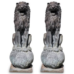 Monumental Cast Metal Guardian Lion Statues: DESCRIPTION: A pair of Monumental Cast Metal Guardian Lion Statues depict two fierce lions standing atop world motif bases, completed in excellent detail, with a naturally aged patina. CIRCA: Mid