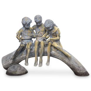 After Auguste Moreau Bronze Figural Garden Statue: DESCRIPTION: After Auguste Moreau bronze figural garden statue. Features three playful children sitting on a branch inspecting an insect. Signed "A. Monreau" finished with a naturally weathered