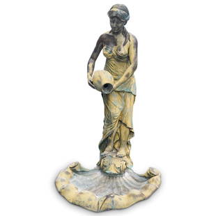 Bronze Figural Garden Fountain Statue: DESCRIPTION: A bronze figural garden fountain. Features a classical maiden pouring water from an amphora into a shell formed base. Signed illegibly near base, finished with a naturally weathered patin