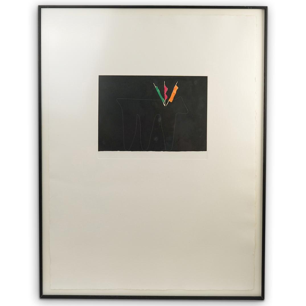 Lois Lane (American, 1948) Aquatint: DESCRIPTION: An Aqua tint over arches paper by Lois Lane Titled "Black Bull" depicts a bull silhouette over a black backdrop with three multi colored accents, Stamped on the bottom right "Aeropress" n