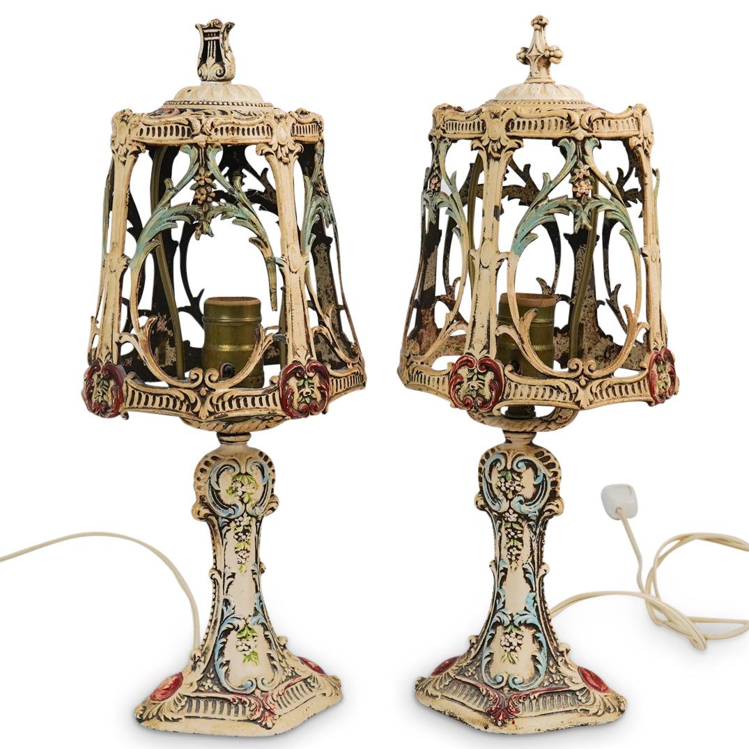 (2 Pc) Vintage Hand Painted Leviton Table Lamps: DESCRIPTION: (2 Pc) Vintage Hand Painted Decorated Leviton Metal Table Lamps with reticulated design in elaborated raised carved romantic pattern with floral and garland motifs. Hand painted in beige