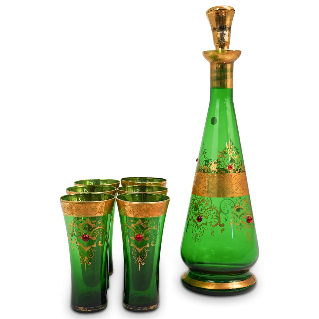 (7 Pc) Bohemian Green Glass Decanter Set (1 of 5)