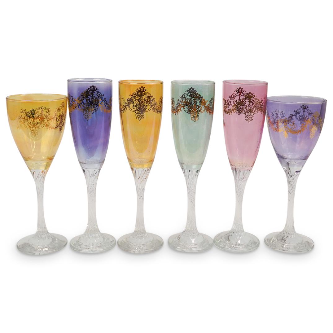 (6 Pc) Venetian Glass Champagne Glasses Set: DESCRIPTION: (6 Pcs) Venetian Multicolor Glass Set in variation of glass colors and with gold gilt garland decoration. Set includes:(4 pcs) Venetian multicolor wine glasses with gold gilt garland deco