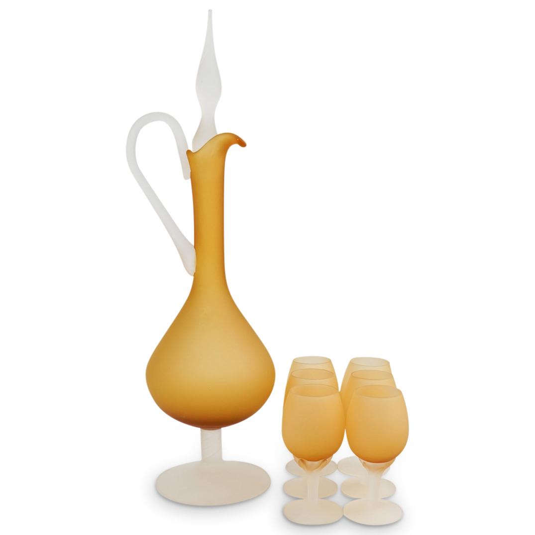 (7 Pcs) Orange Art Glass Decanter & Glass Set (1 of 3)