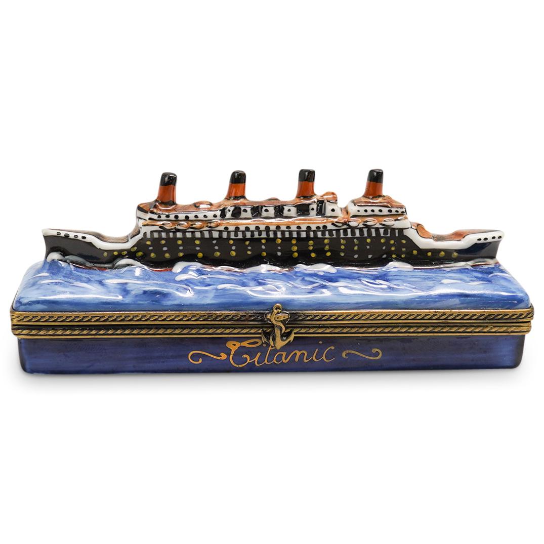 Limoges " Titanic " La Gloriette Trinket Box: DESCRIPTION: A La Gloriette The Titanic Limoges porcelain trinket box. Hand painted Titanic Liverpool on interior. Marked along the underside Peint Main Limoges France La Gloriette.CIRCA: 20th Century