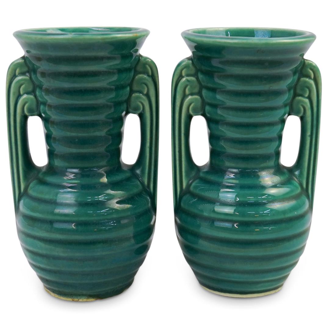 (2 Pc) Art Deco Green Ribbed Ceramic Vases (1 of 3)