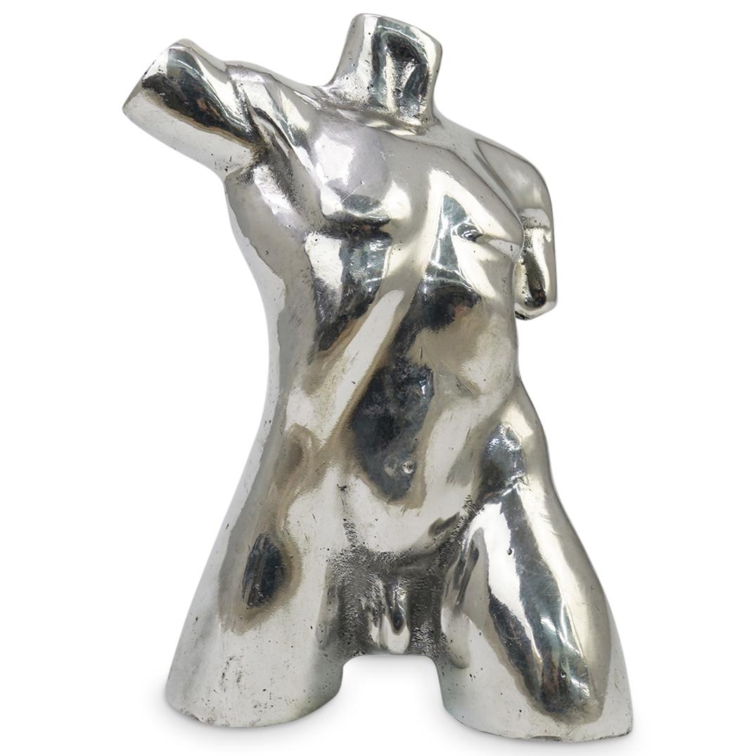Male Nude Torso Aluminum Table Sculpture: DESCRIPTION: Male Nude Torso Table Sculpture in aluminum with a metal base depicting a nude male frontal figure in an athletic pose.CIRCA: 20th CenturyORIGIN: USADIMENSIONS: H: 10 3/4" W: 7 1/2" D: 7"