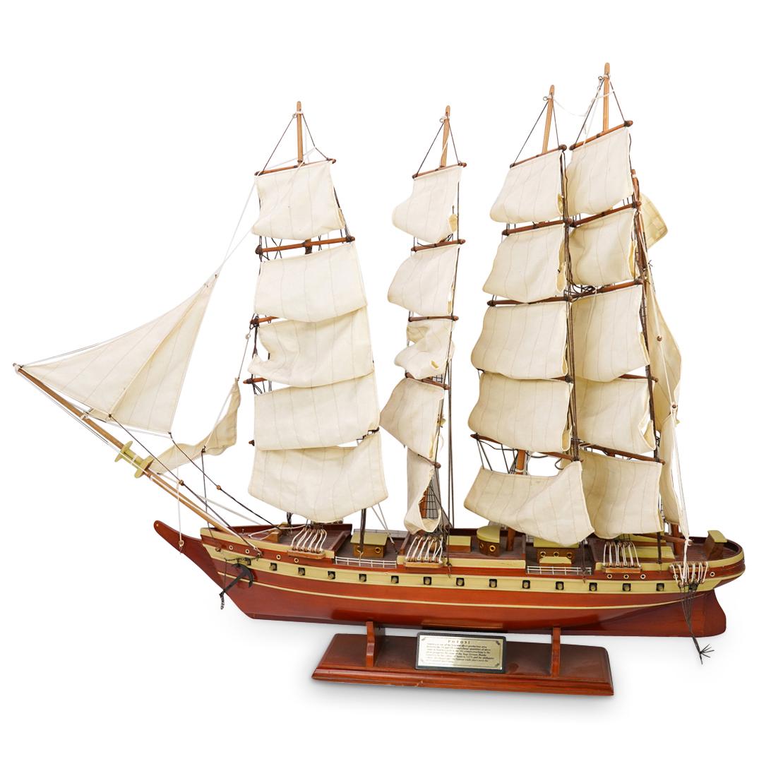 (2pc) Wooden "Potosi" Model Ships: DESCRIPTION: (2pc) A pair of wood painted "Potosi" model ships with cloth sails and mounted description plaques.CIRCA: 21st Cent.ORIGIN: USADIMENSIONS: H: 30" x W: 6.5" x L: 38"CONDITION: Great condit