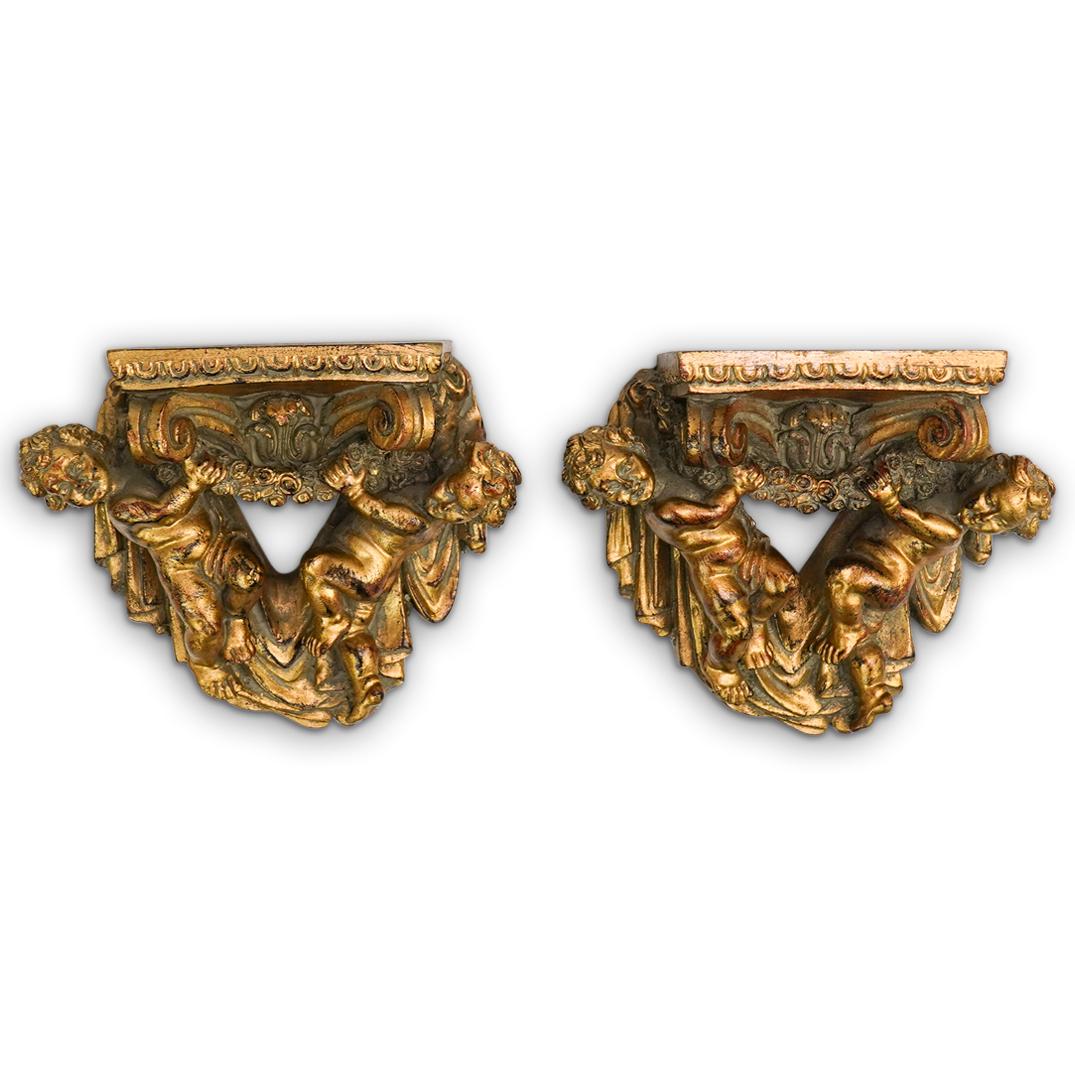 (2 Pc) Gilt Wood Cherub Brackets (1 of 4)