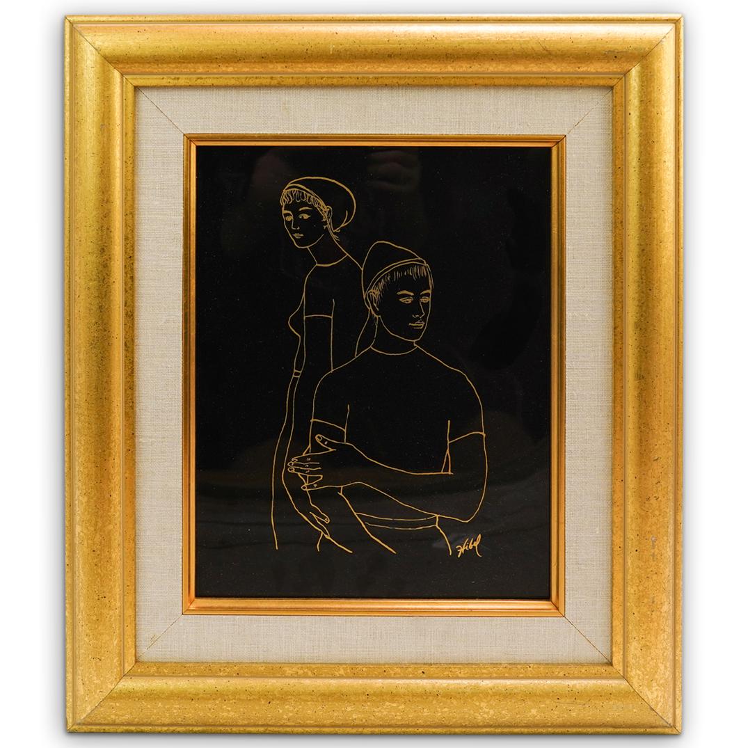 Edna Hibel "Tod and Edna" Porcelain Plaque: DESCRIPTION: Edna Hibel porcelain plaque featuring a yellow drawing over a black porcelain plaque, from the "Vertru Collection" titled "Edna and Hibel". editioned 98 and produced by Rosenthal Group Ge
