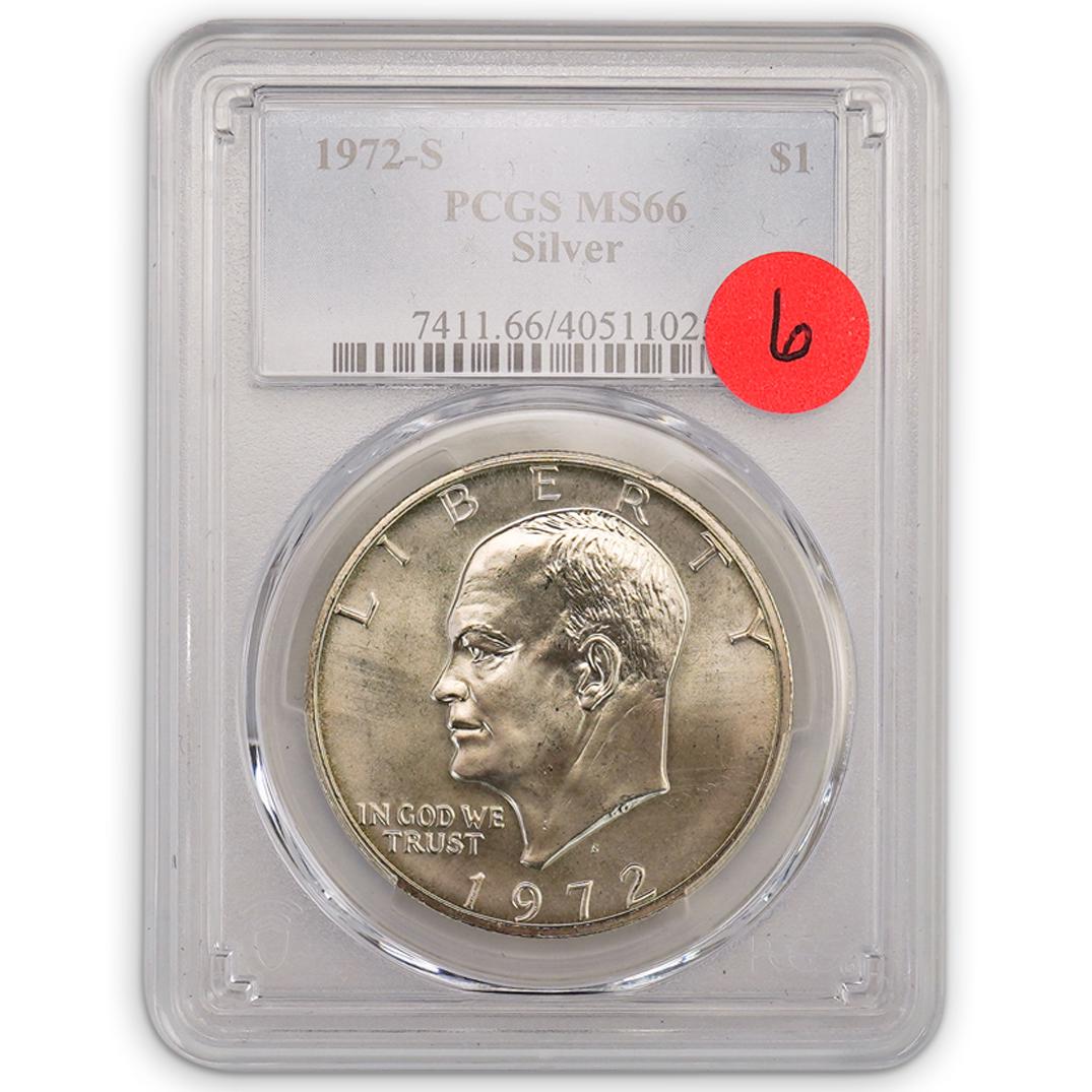 1972-S Eisenhower (PCGS) MS-66: DESCRIPTION: 1972-S Eisenhower Silver (PCGS) MS-66CIRCA: 1972ORIGIN: USACONDITION: Great condition. See lot description for details on item condition. More detailed condition requests can be obtained 