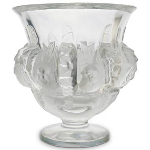 Lalique Crystal "Dampierre" Vase: DESCRIPTION: Lalique Dampierre crystal vase. Vintage elegant crystal vase by Lalique featuring doves encompassing the exterior of the bowl with verdant segments in between each relief. Marked on