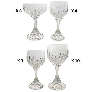 (25 Pc) Baccarat "Massena" Crystal Glasses: DESCRIPTION: A 25 piece set of Baccarat "Massena" Glasses, incised along the underside, feature the following: (10) Red Wine 7.5" x 3.75" (8) Champagne 6" x 4" (3) White Wine 6.5" x 3.25" (4) Liquor