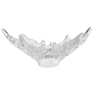 Lalique Crystal "Champs-Elysees" Bowl: DESCRIPTION: A large Lalique crystal "Champs Elysee" center bowl composed of clear and frosted foundation, in a double oak leaf motif engraved along the underside "Lalique France". CIRCA:20th Ct