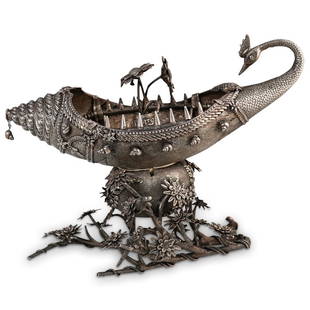 Indian Sterling Silver Water Fountain: DESCRIPTION: A large peacock form centerpiece water fountain. Features the depiction of a peacock resting atop a flowering branch, water circulates through the birds hollow body, with central and