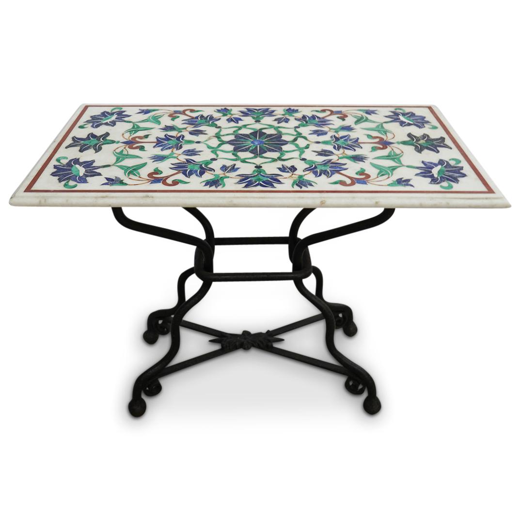 Pietra Dura Marble Table Top: DESCRIPTION: A pietra dura table top features floral decorations,composed of white marble inlaid with Lapis, Malachite, Turquoise and Agate. Sits atop an iron base (Can be shipped with or without base