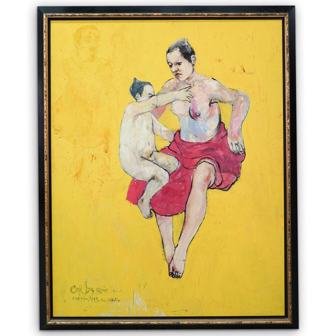 Carlos Quintana (Cuban, born 1966) Oil on Canvas: DESCRIPTION: A Large Carlos Quintana (Cuban, born 1966) Oil on Canvas. Depicting a mother and child on a yellow background color. Signed and dated lower left. CIRCA:1993 ORIGIN: Cuba DIMENSIONS: H:60"