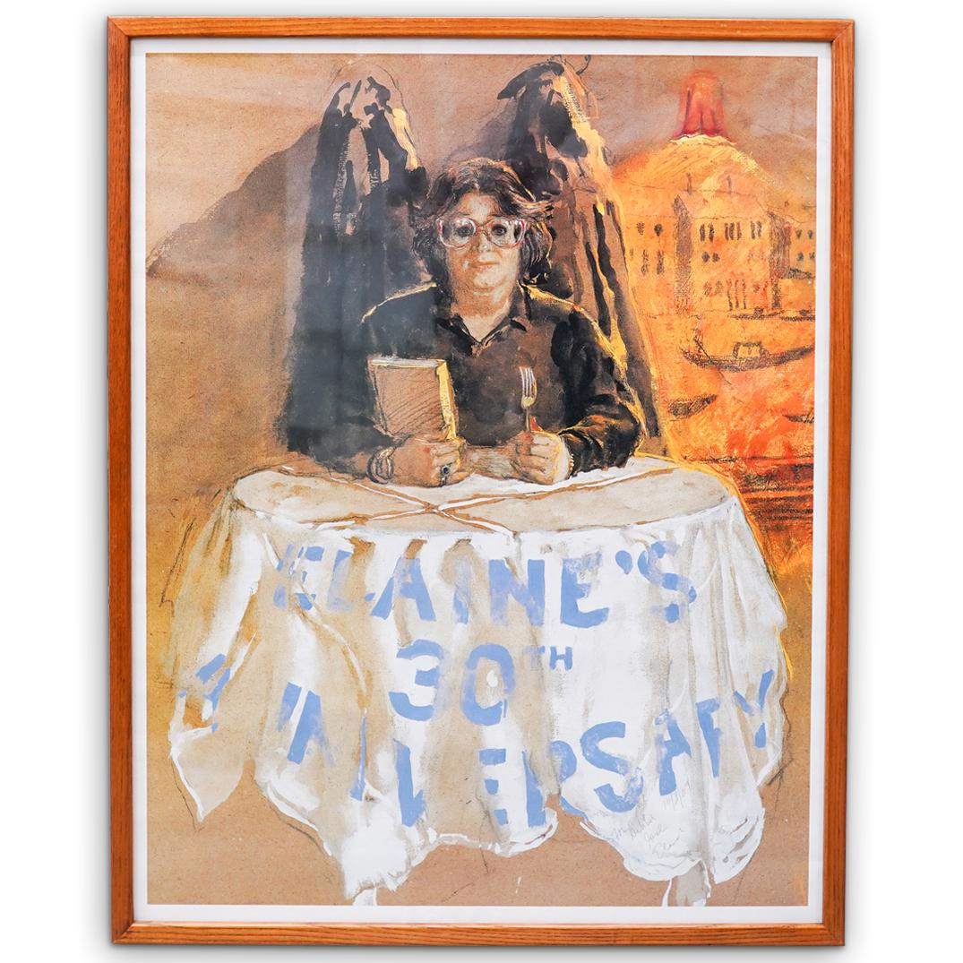 "Joe Eula" Signed Elaine's 30th Poster: DESCRIPTION: "Joe Eula" designed and hand signed "Elaine's 30th Anniversary" signed in pen lower right "For Debbie, Joe Eula" mounted in a light wood frame. CIRCA: 20th Cent. ORIGIN: USA DIMENSIONS: H
