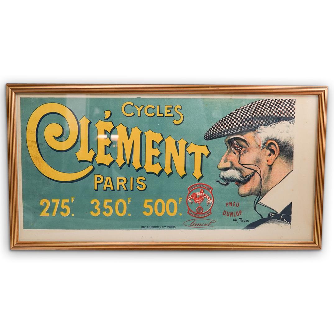 TICHON Charles "Cycles Clement Paris" Poster: DESCRIPTION: TICHON Charles "Cycles Clement Paris" advertising poster. Marked: "IMP. Kossuth & Paris" Mounted in a gilt wood frame. CIRCA: 19th Cent. ORIGIN: Paris DIMENSIONS: (Framed) H: 16.5" x L: 3