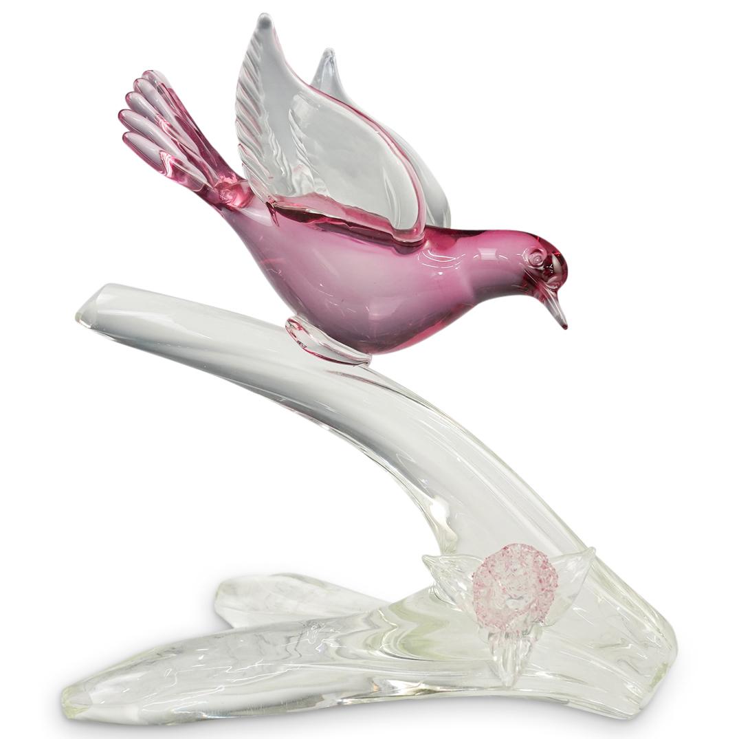 Probably Barbini Murano Glass Bird Sculpture: DESCRIPTION: Murano Art Glass Sculpture depicting a pink glass bird on a branch and a beautiful blossoming flower at the bottom of the branch, delicately finishing the art piece. Artistically simple, 
