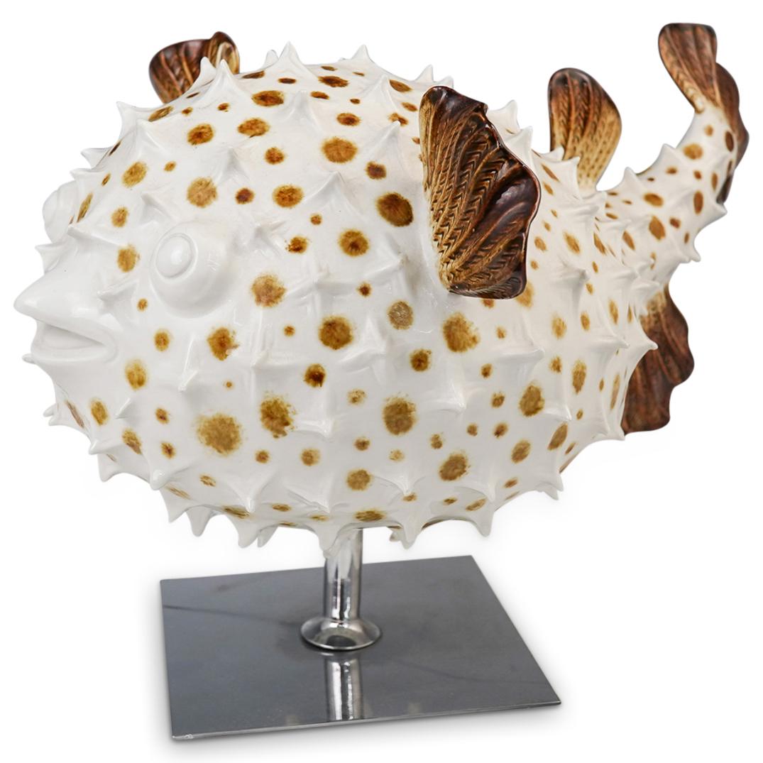 Oggetti Mangani Porcelain Blowfish Sculpture: DESCRIPTION: A probably "Oggetti Mangani" tropical fish sculpture. Features a handcrafted porcelain foundation with naturalistic painted brown and white details, depicting an ocean dwelling blowfish.
