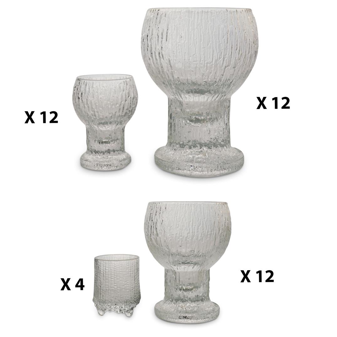 (40 Pc) Iittala Kekkerit x Sarpaneva Glassware: DESCRIPTION: A 40 Piece set of Iittala glassware by Kekkerit Timo Sarpaneva features cast glass in a textured form including the following: (12) Large Goblet cups (14 x 10 cm.) (12) Medium Goblet Cups