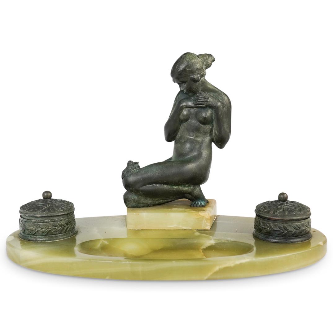 Art Nouveau Bronze Inkwell Desk Set: DESCRIPTION: Art Nouveau Antique Inkwell Desk Set With Figural Bronze Sculpture. This antique inkwell represents a beautiful maiden figural sculpture with allegorical theme of young maid and frog prin