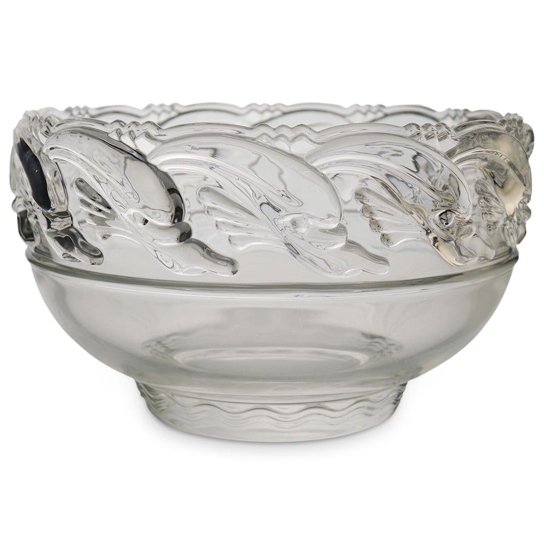 Tiffany & Co. Crystal Dolphin Bowl: DESCRIPTION: Tiffany and Company Fruit Bowl with dolphin design. Signed etched on underside "Tiffany & Co." CIRCA: 20th Century. ORIGIN: USA. DIMENSIONS: W: 8:" H: 5". CONDITION: Good condition. See l