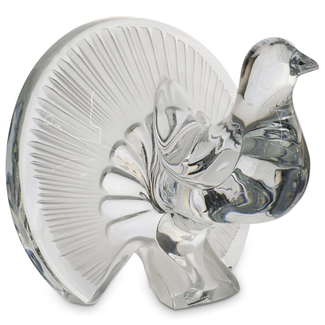 Daum Glass Turkey Statuette: DESCRIPTION: A Daum glass turkey statuette with frosted tail feather accented design. Signed "Daum, France" CIRCA: 20th Cent. ORIGIN: France DIMENSIONS: H: 7" x W: 6.5" x L: 8.25" CONDITION: Great con