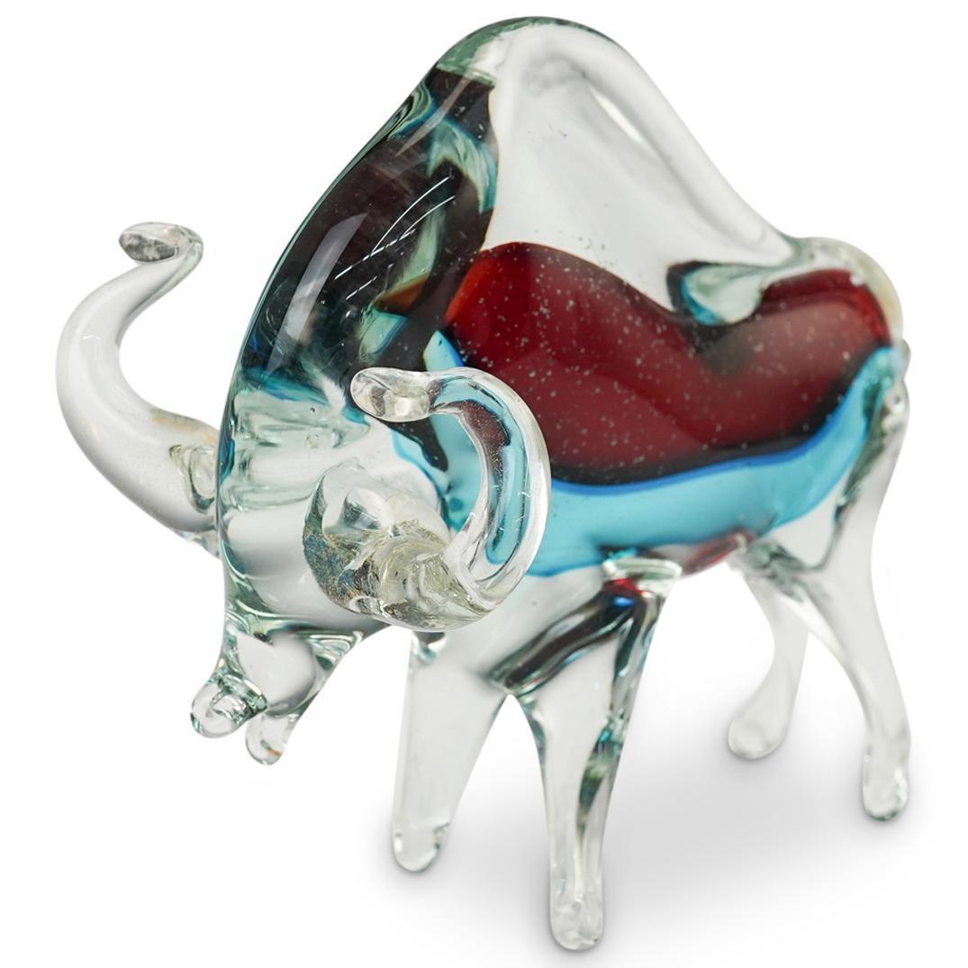 Murano Art Glass Bull "Torus "Sculpture: DESCRIPTION: Murano Art Glass Bull "Torus" Hand Blown Sculpture in clear glass with internal light blue and blood red color glass internal accent design. Due to its virility, power and presence, the b