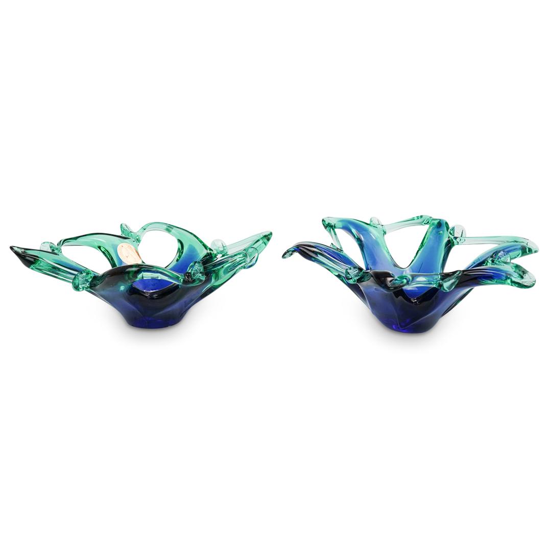 Pair of Murano Art Glass Center Bowls: DESCRIPTION: (2 Pc) A Pair of matching Murano Art Glass center bowls in underwater ocean blue and emerald green glass with hand blown glass design. Each bowl with unique design. Marked with "Murano Gl