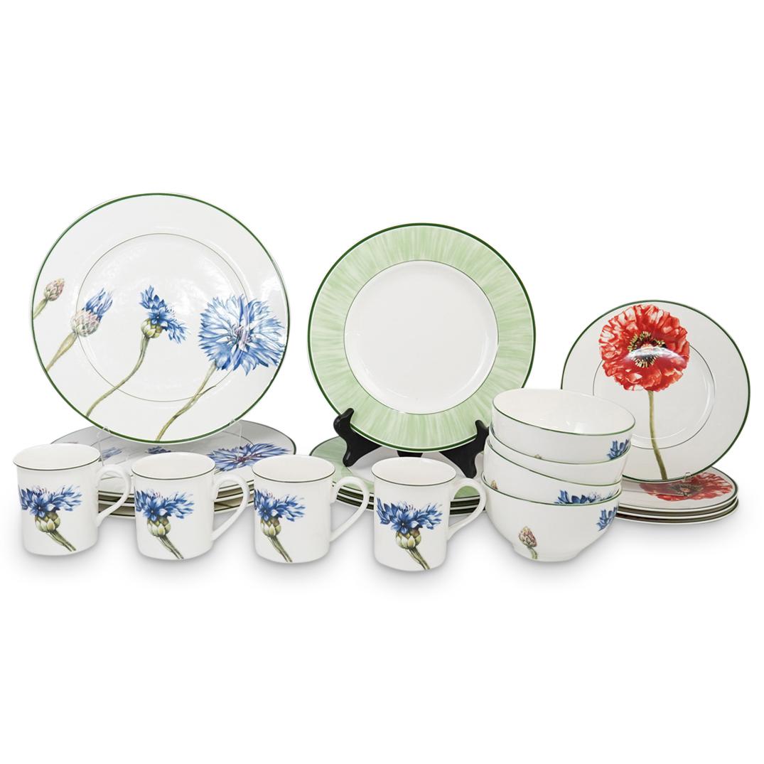 (20 pcs) Villeroy & Boch Porcelain Flora Dinnerware Set: DESCRIPTION: (20 pcs) Villeroy & Boch Fine China Porcelain Flora Dinnerware Set Service with Multi Flower Motif, Buds To Blossoms. Set includes: (4 Pc) Villeroy & Boch Fine Chine Porcelain Flora Servi