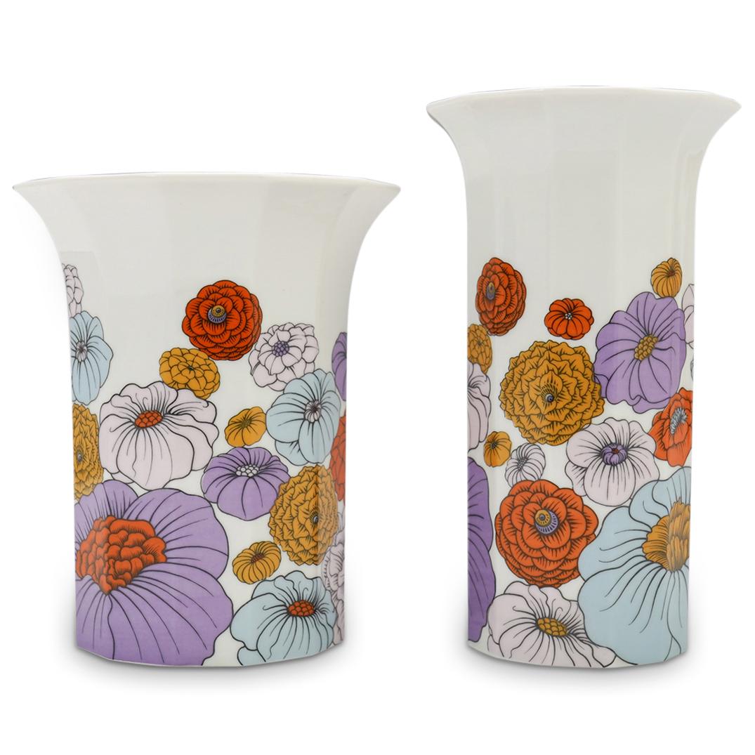 Pair Of Rosenthal Porcelain Vases: DESCRIPTION: A pair of Rosenthal Studio-Line porcelain vases with multicolored floral decorations. Marked "Rosenthal, Studi-Line, Germany, Form:Polygon, Designer: Tapio Wirkkala" CIRCA: 20th Cent. ORI