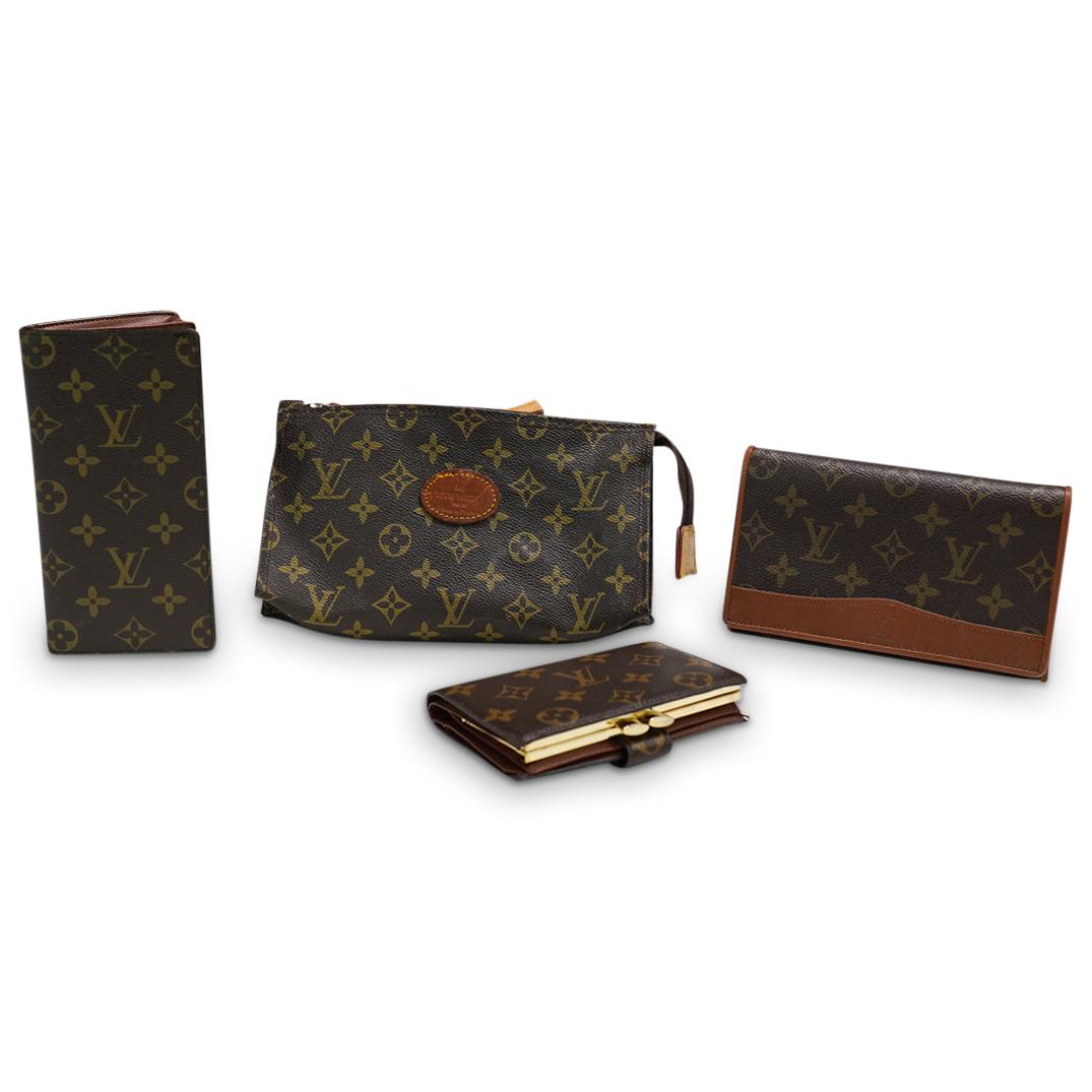 (4 Pc) Louis Vuitton Monogram Wallet and Pouch: DESCRIPTION: (2) Authentic Louis Vuitton Monogram Wallet with contrast leather trimming. Features the classic LV monogram leather. The flap unsnaps to a leather cross grain interior with two compartme
