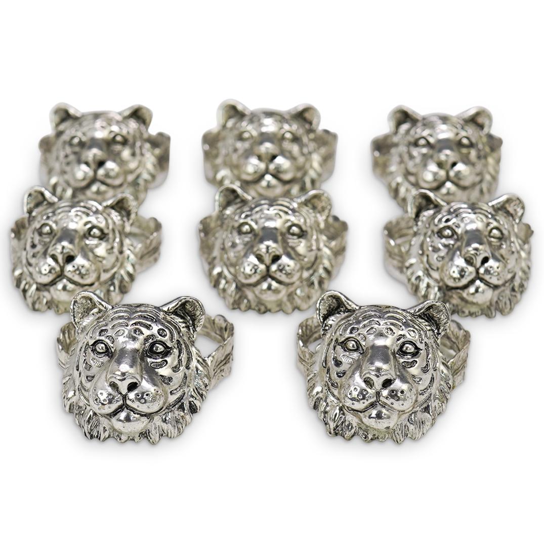 (8Pc) Arthur Court Tiger Napkin Rings: DESCRIPTION: (8Pc) An Arthur Court tiger motif napkin ring set. Marked "Arthur Court" CIRCA: 20th Cent. ORIGIN: USA DIMENSIONS: H: 1.25" x D: 2.5" CONDITION: Great condition. See lot description for d