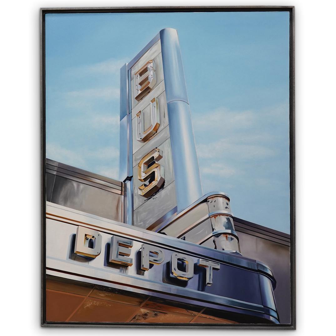 Donald David "Ann Arobor Deco" Painting: DESCRIPTION: Donald David (American) oil on canvas painting. Titled: "Ann Arobor Deco" features the realistic depiction of a transportation bus depot sign. Lower middle "Donald David" mounted in a pai
