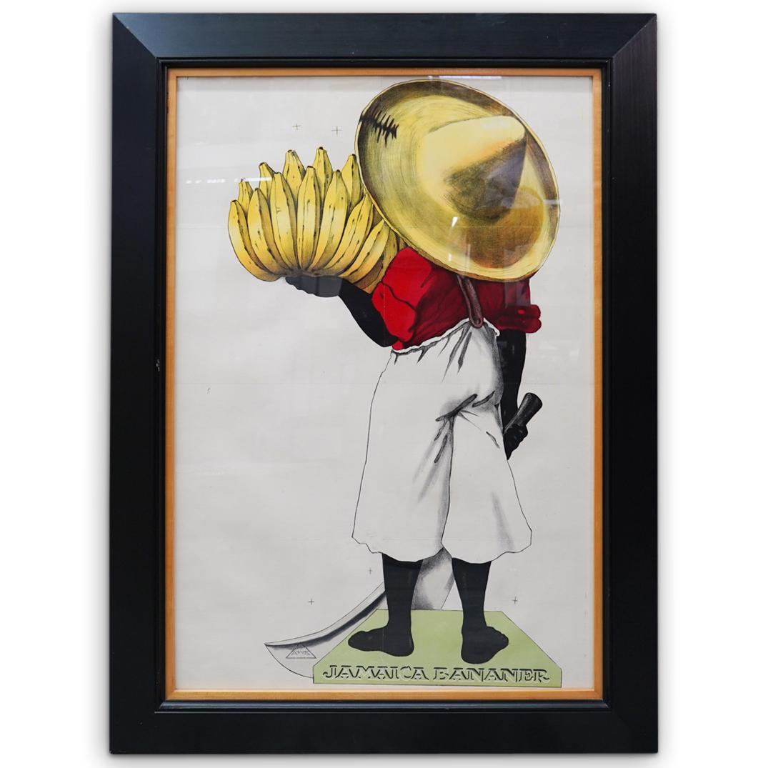 Vintage Jamaica Advertising Poster: DESCRIPTION: A vintage "Jamaica Bananer" advertising poster. Features the deception of a figure holding bananas and a large machete. Marked "Jamaica Bananer" and mounted in a black wood frame. CIRCA: