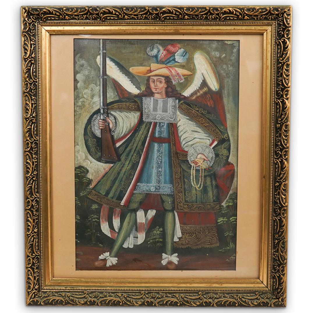 Antique Colonial Cuzco Painting: DESCRIPTION: An antique Spanish Colonial Cuzco school painting. Features an oil on paper painting depicting a religious figure, mounted in an ornate gilt wood frame. CIRCA: Unknown ORIGIN: Spain DIMEN