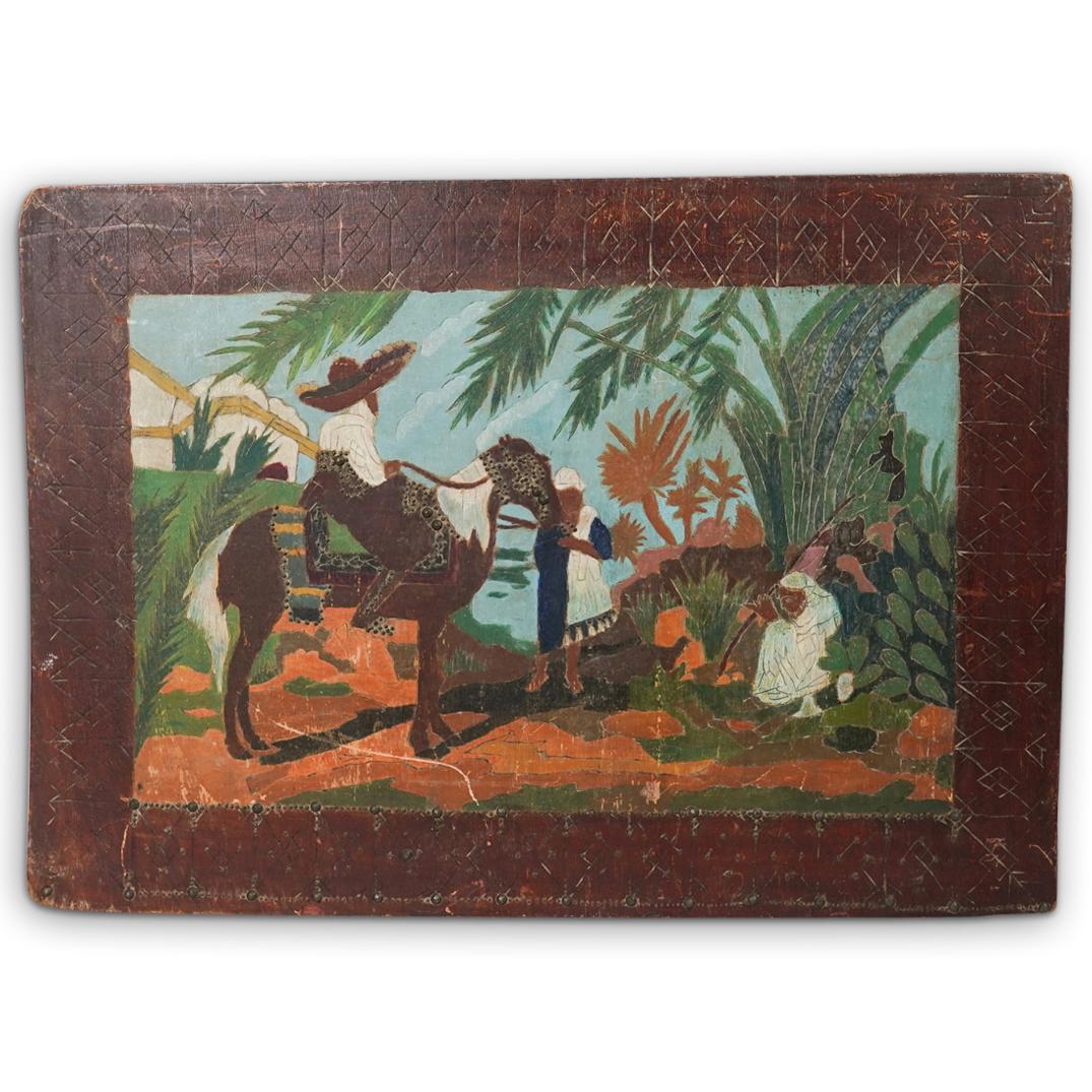 Mexican Folk Art Mixed Media Painting: DESCRIPTION: An antique Mexican folk art mixed media, features a carved wood board with multicolored painted figures and iron bead work. CIRCA: 20th Cent. ORIGIN: Mexico DIMENSIONS: H: 15.5" x L: 22" 