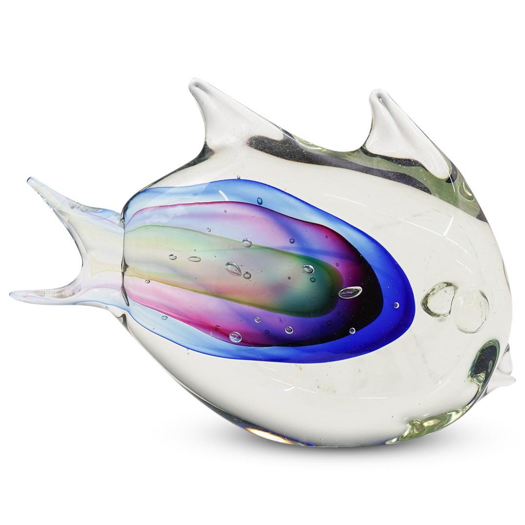 Murano Glass Fish: DESCRIPTION: A Murano glass fish infused with several layers of colors in blue, purple and green accents. CIRCA: 20th Century. ORIGIN: Italy. DIMENSIONS: W: 10" H: 7". CONDITION: Good condition. See l