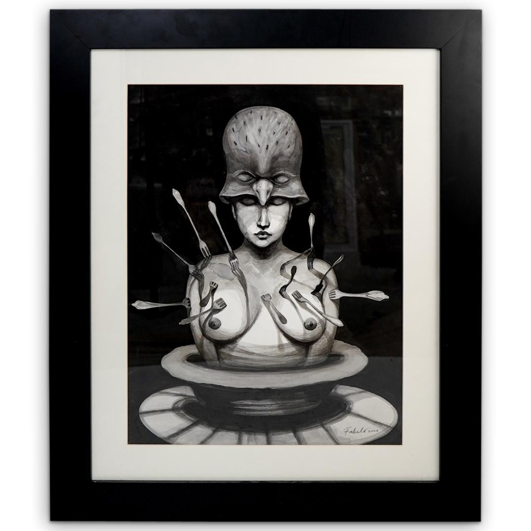 Fabelo (Cuban, 1950) "Delicatessen de Ocho Comensales": DESCRIPTION: Roberto Fabelo (Cuban, b. 1950) "Delicatessen de Ocho Comensales" on watercolor paper, depicting a female lady served as a dish on a plate with forks. Roberto Fabelo is a widely known Cub
