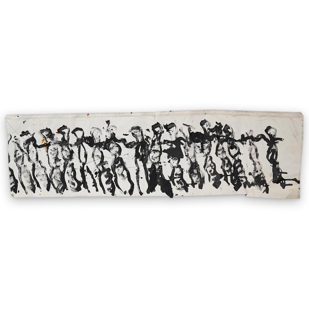 Purvis Young (American 1943-2010) Mixed Media Painting: DESCRIPTION: A Mixed media painting by Purvis Young on Vinyl depicts a line of figures, unsigned. CIRCA: 20th Cent. ORIGIN: USA DIMENSIONS: H: 33" W: 9.5" CONDITION: Great condition. See lot descripti