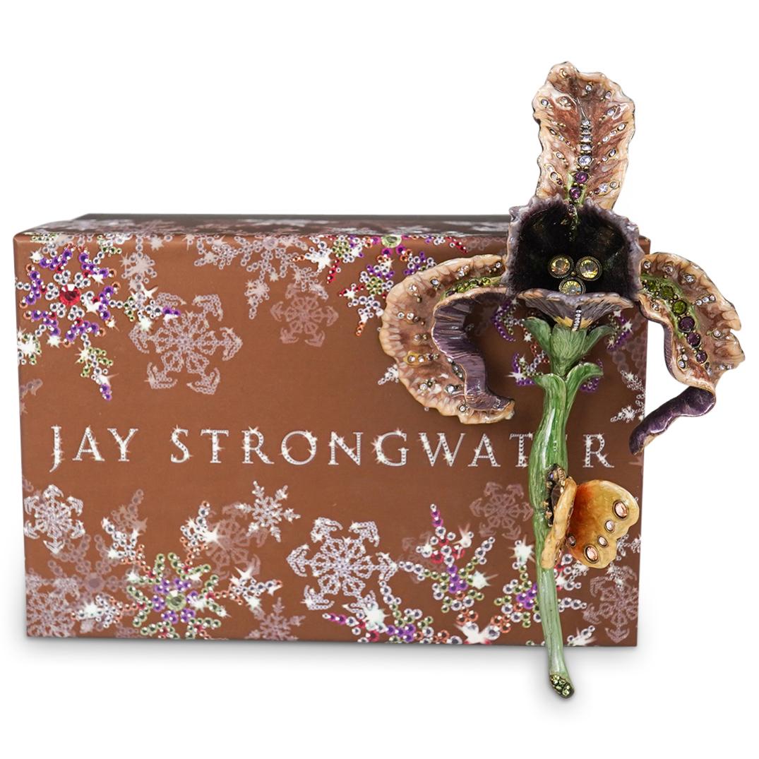 Jay Strongwater Purple Orchid Flower: DESCRIPTION: Jay Strongwater Purple Orchid Flower with metal foundation and enameled crystal-set design in purple color and further embellished with small butterfly. Marked "Jay Strongwater" on revers