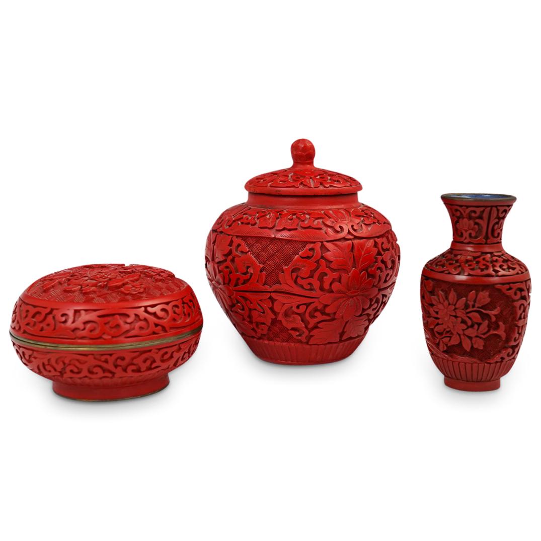 (3 Pc) Lot of Chinese Cinnabar Articles (1 of 4)