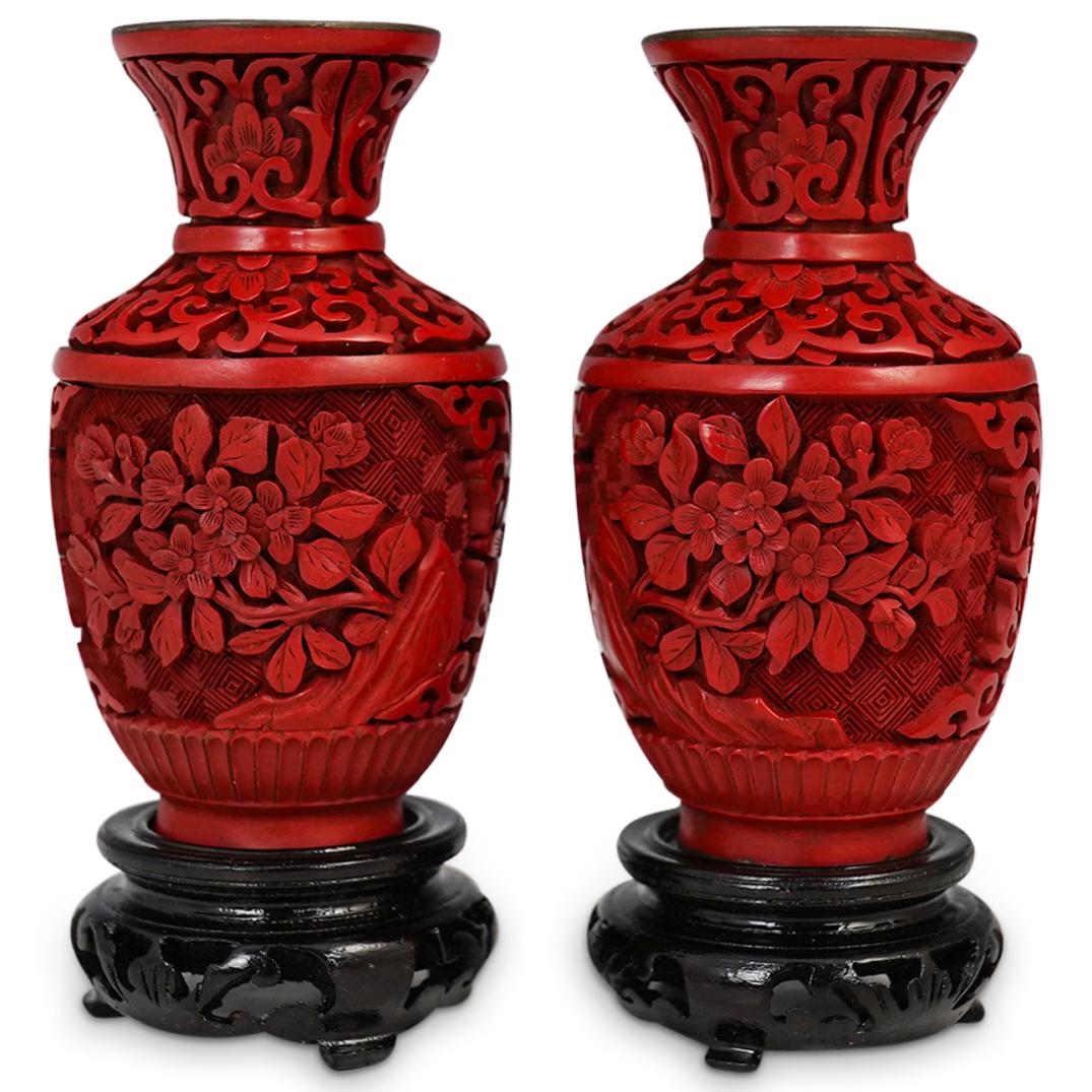 Pair Of Carved Cinnabar Lacquer Vases (1 of 3)