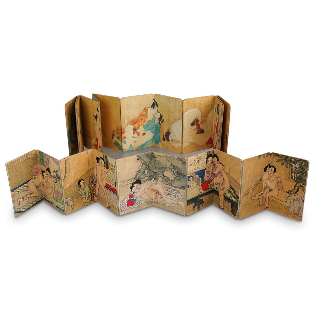 Pair of Japanese Shunga Erotic Books: DESCRIPTION: (2 Pc) A Pair of Japanese Woodblock Shunga Erotic books. Each book with five erotic scenes prints from hand drawn and hand colored illustrations. Books have all pages intact and secure. C