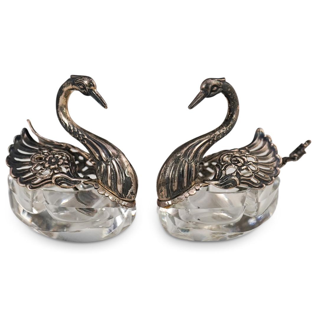 Pair of Sterling Silver & Crystal Swan Salt Cellars (1 of 5)