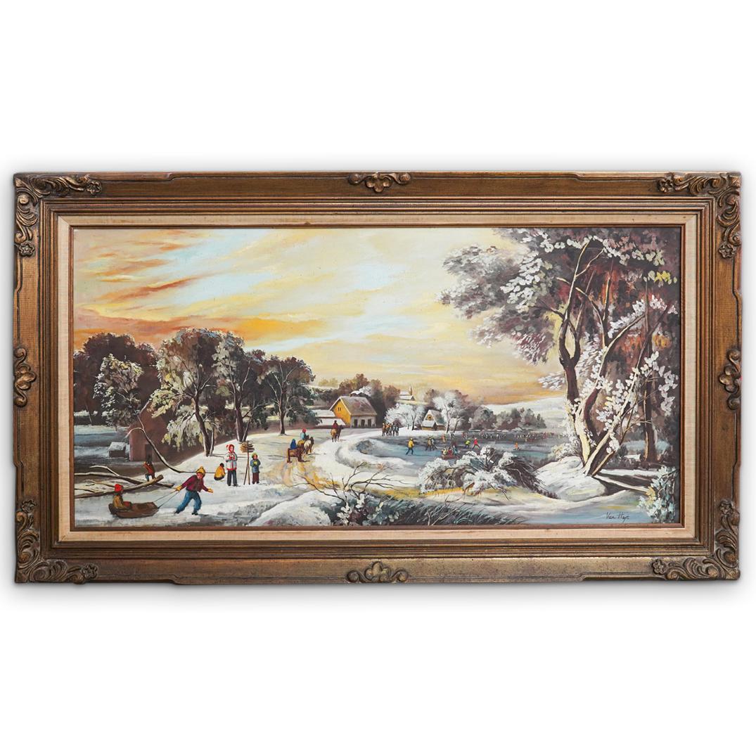 Dutch Oil On Canvas Painting: DESCRIPTION: A Dutch oil on canvas painting depicting a snow covered townscape with figures ice skating and socializing. Accented with naturalistic trees and a pastel toned sunset. Signed lower right 
