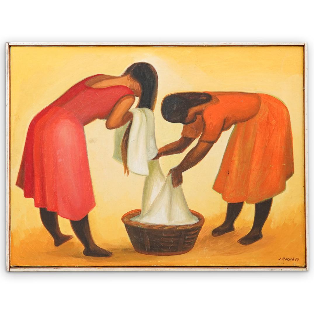 J. Rocha (Mexican) Oil On Canvas: DESCRIPTION: J. Rocha (Mexican) Oil on canvas painting, features two women cleaning a basket full of linen in vibrant colors. Signed and dated lower right "J. Rocha, 72" signed at reverse "Mexico City